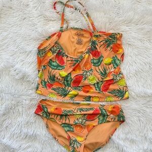 City Streets Peach Tropical Fruit Tankini Bikini Set